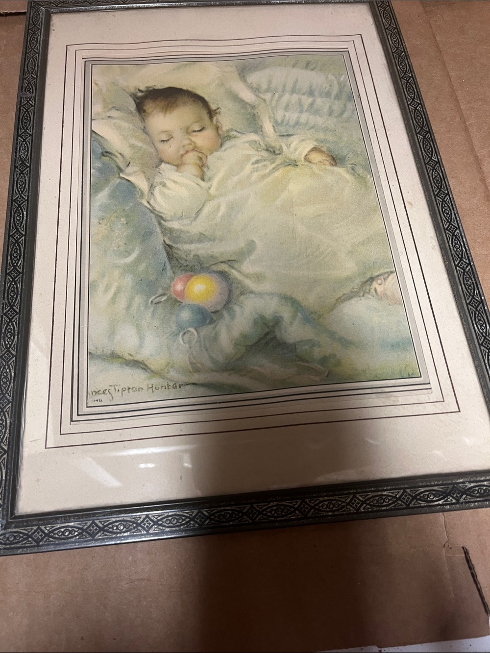 Framed Nursery Art Print - Sleeping Baby in Soft Blue and Cream Hunter Circa1940